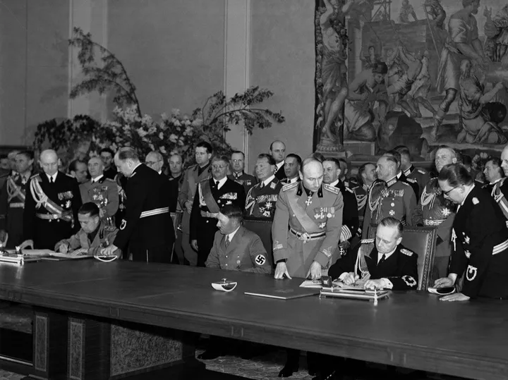Hitler, Ciano, and Ribbentrop at the signing of the Pact of Steel, May 22, 1939